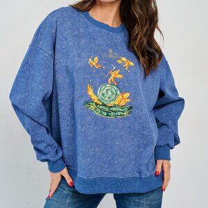 B31 LONG SLEEVE GRAPHIC STUDS PULLOVER SWEATER FAIRY ACID WASH BLUE NEW